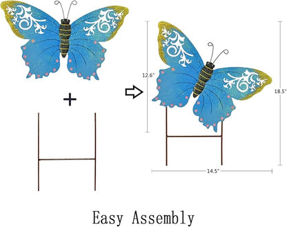 Aecipl Garden Decor Metal Butterfly Stakes Yard Sign Decorative Lawn Art Indoor Outdoor Plant Stake Patio Porch Pathway Backyard Decoration (Blue)