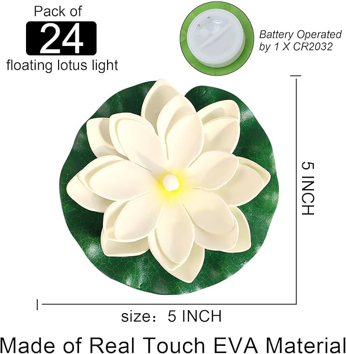 LACGO 24 PCS Waterproof Floating Lotus Lights - 5 Inch Floating Pool Flowers Battery Operated Water Activated Warm White Pool Flower Lights Wedding Anniversary Garden Decoration