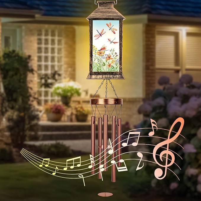 YHmall Wind Chimes for Outside, 37" Windchimes Outdoors Birthday Memorial Dragonfly Gifts for Women Mom Grandma, Hanging Solar Lantern Outdoor for Home Patio Yard Garden Decor