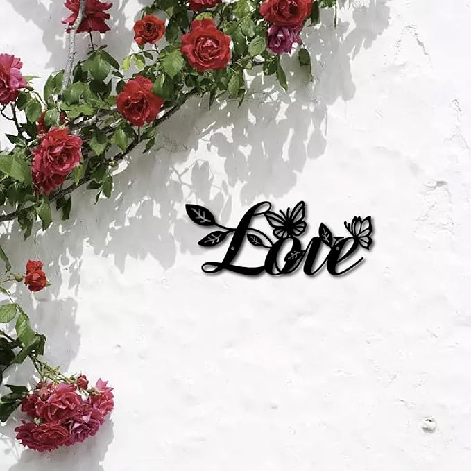 CREATCABIN Love Metal Wall Decor Hanging Letter Signs Iron Black Iron Rustic Love Word Leaves Butterfly Art Decoration Sign Cutout for Valentine's Day Home Office Living Room Walls 11.8 x 4.7 Inch