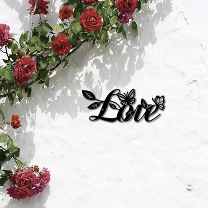CREATCABIN Love Metal Wall Decor Hanging Letter Signs Iron Black Iron Rustic Love Word Leaves Butterfly Art Decoration Sign Cutout for Valentine's Day Home Office Living Room Walls 11.8 x 4.7 Inch