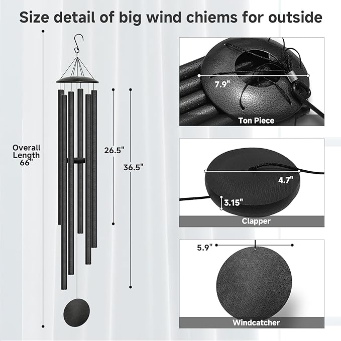 66" Extra Large Wind Chimes for Outside Deep Tone, 6 Thick and Bold Aluminum Tubes Tuned Relaxing Melody Wind Chime, Big Wind Chimes for Garden Patio Decor, Great Gift Idea for Mother's Day (Grey)