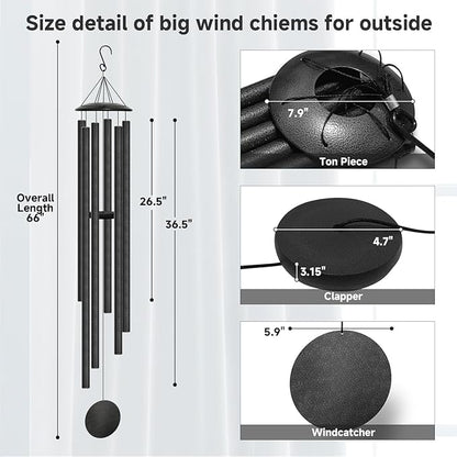 66" Extra Large Wind Chimes for Outside Deep Tone, 6 Thick and Bold Aluminum Tubes Tuned Relaxing Melody Wind Chime, Big Wind Chimes for Garden Patio Decor, Great Gift Idea for Mother's Day (Grey)