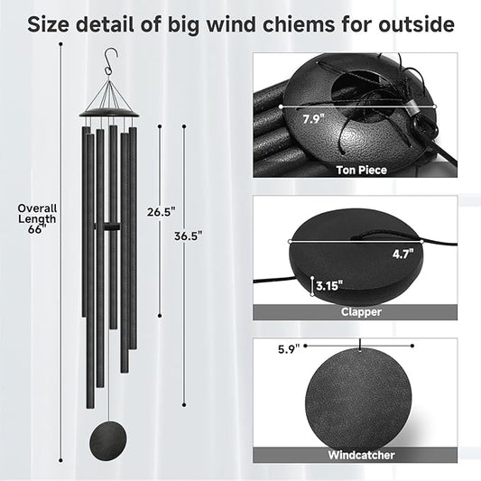 66" Extra Large Wind Chimes for Outside Deep Tone, 6 Thick and Bold Aluminum Tubes Tuned Relaxing Melody Wind Chime, Big Wind Chimes for Garden Patio Decor, Great Gift Idea for Mother's Day (Grey)