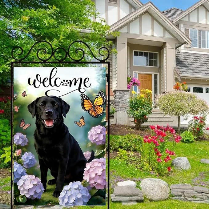 Large Spring Summer Black Lab Labrador Dog Hydrangea Garden Flags 28 x 40 Double Sided, Burlap Spring House Flag for Outside, Large Summer Welcome Outdoor Yard Flags Decorations for Yard Garden Décor