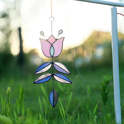 Pink Tulip Stained Glass Suncatcher, Folk Flower Stained Glass Window Hanging Sun Catcher, Healing Boho Decor, Handmade Flower Gifts for Indoor Window, 9.4" x 4.7"