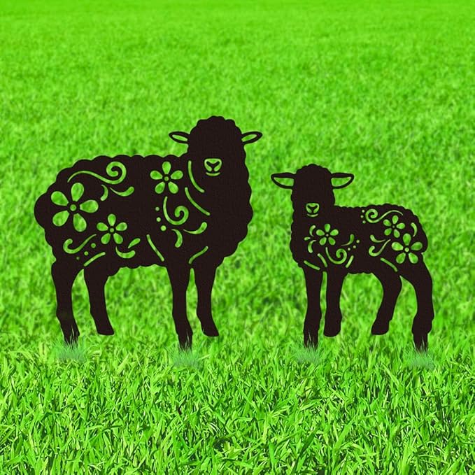 WADORN 2 Styles Sheep Metal Decorative Garden Stakes, Funny Sheep Flowers Metal Silhouette Statues Animal Garden Ornament Gifts Black Yard Art Decoration for Outdoor Backyard Patio Lawn Walkways