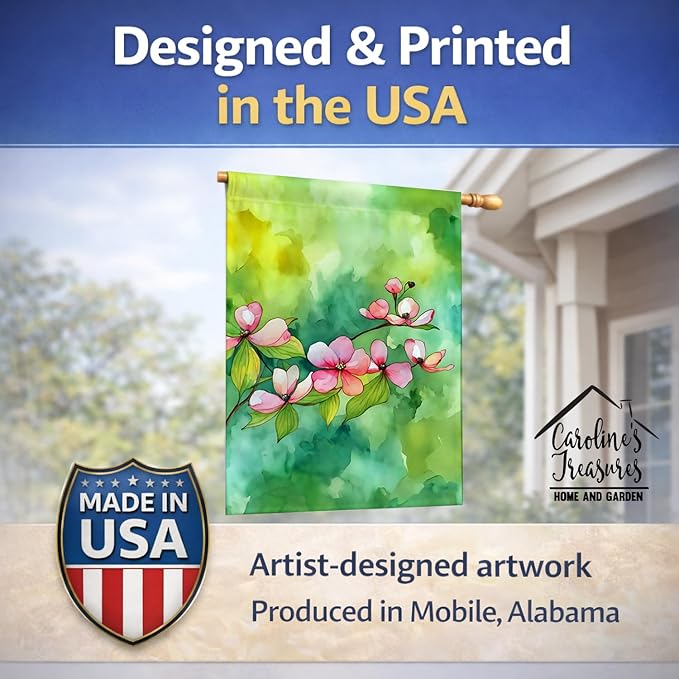 Caroline's Treasures Virginia American Dogwood in Watercolor House Flag Large Porch Sleeve Pole Decorative Outside Yard Banner Artwork Wall Hanging, Polyester, House Size, Multicolor