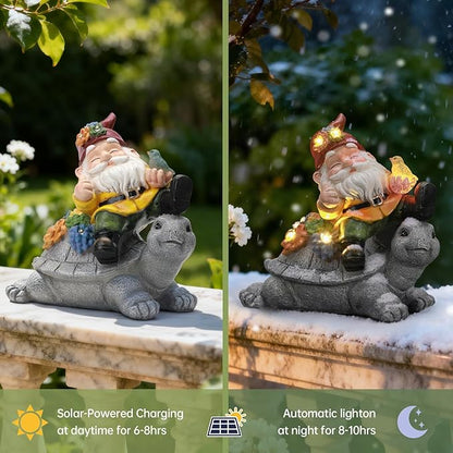 Solar Gnome Statue Outdoor Decor, Gnome on Turtle Figurines with LED Light for for Fairy Garden Yard Balcony Lawn Christmas Housewarming Whimsical Gifts for Women Mom Grandma