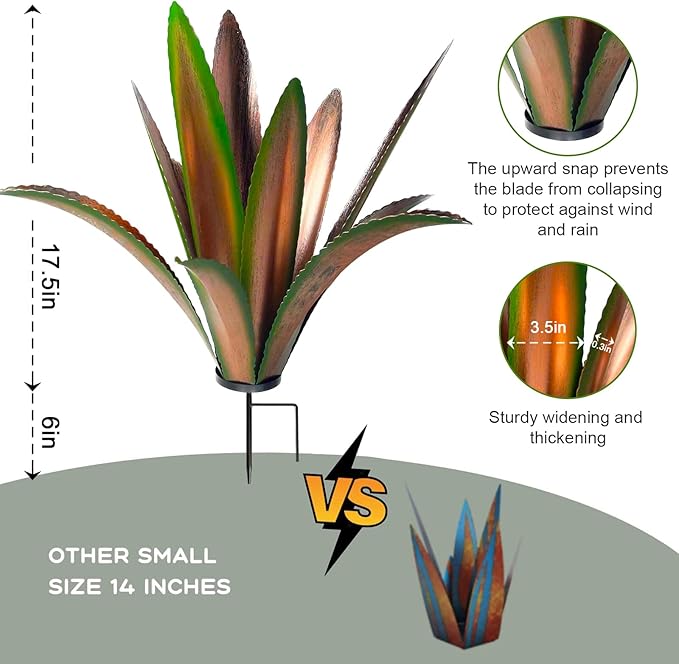 TOMBABY Enlarge thickened Wind Resistant Metal Agave Garden Art Plant Country Sculpture Statue Outdoor decoration Courtyard Lawn Ornament Gift (12 Leaves Green 1 pcs) (TB-410-415)