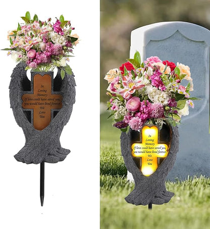 Angel Wings and Cross Solar Light CemeteryDecorations, Cemetery Decorations,Garden Solar Vase Decorations,Gift for Lost Lovers Ones (Grey)