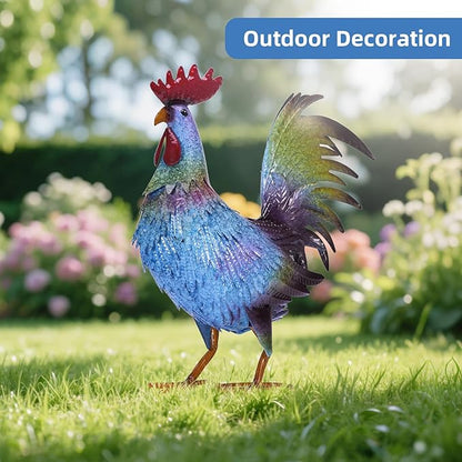 Metal Chicken Garden Sculptures & Statues,Vivid Lawn Ornaments for Garden Decorations Outdoor, Blue Rooster Gift for Housewarming,Home Decoration for Christmas Holiday