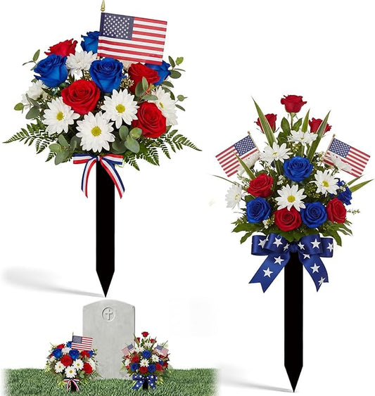 Frienda 2 Sets Cemetery Flowers Grave Stake Metal Floral Decor for Tombstone, Outdoor Gravesite Markers for Mom Dad, Memorial Day Spring Easter Grave Decor(Bouquet,Blue,Red,White)
