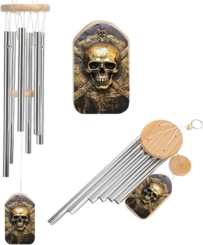 Wind Chimes for Outside,Skull Metal Pirate Printed Cute Aluminium Windchimes Outdoors,Soothing Melodic Memorial Wind Chime for House Porch Patio Garden Balcony Decor