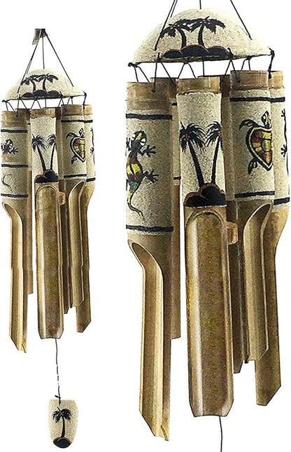 Bellaa 24629 Bamboo Wind Chimes Sea Sand Art Painting Palm Coconut Tree Gecko Sea Turtle Handmade Windchimes Outdoor Garden Patio Gifts 32 Inch