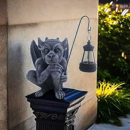 AKV Solar Gargoyle Statues Outdoor with Light, Funny Gothic Garden Decor, 8.26 inch Sitting Winged Gargoyle Sculpture for Yard Patio Lawn Ornament Decorations, Handmade Resin Garden Trolls Figurines