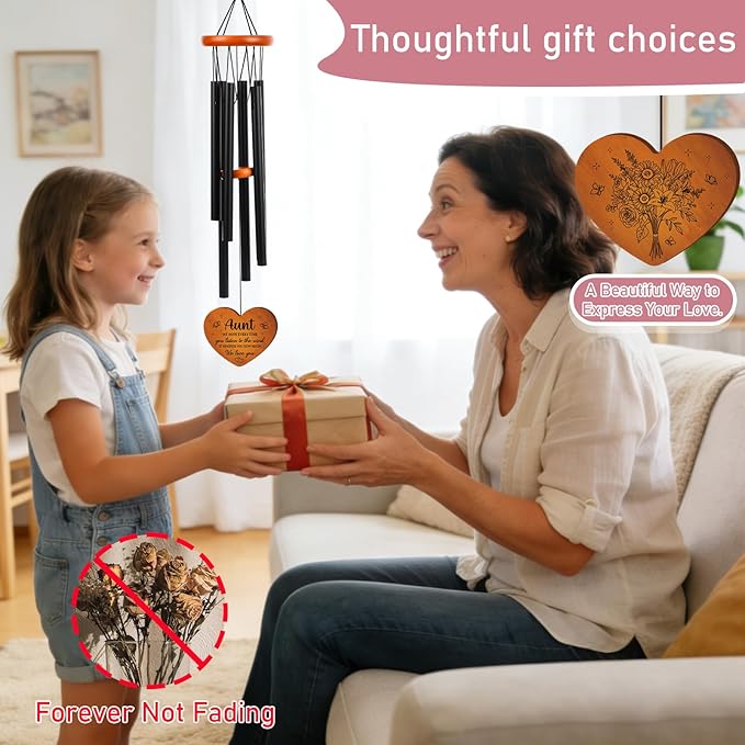 Aunt Gifts Wind Chimes for Outside - Metal Windchime with Wooden Pendant, Greeting Card & Black Box - Unique Birthday for Auntie from Niece Nephew, Garden Hanging Decor