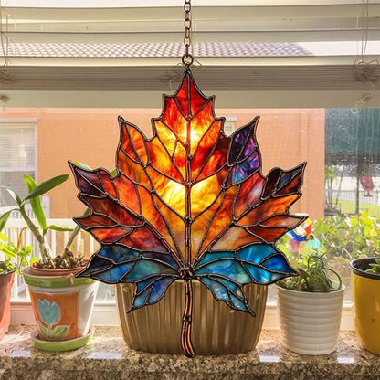 Maple Leaf in Autumn Acrylic Suncatcher Stained Glass Effect Window Car Hanging Christmas Ornament Indoor Outdoor Decor Garden Sun Catcher Panel for Maple Leaf Lover for Women Mom Grandma