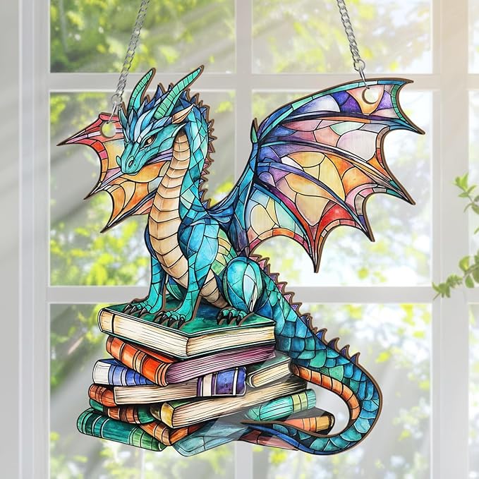 Jesuspirit - Window Hanging Suncatcher – Crystal Clear Acrylic & Wood Sun Catcher for Home Decor, for Women (Stained Glass Book Dragon, 6 Inches)