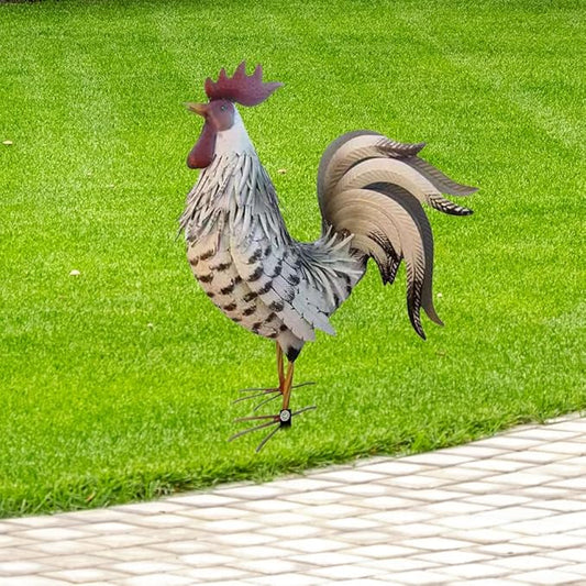 Rooster Garden Statue,12 in 2D Graphic Design Metal Rooster Decor Garden Statue with Stakes,Standing Small Metal Chicken Yard Decor Figurines,Patio Backyard Lawn Home Chicken Sculpture(Not 3D)