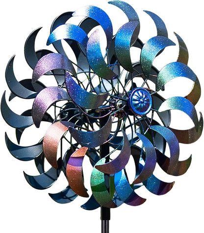 Wind Spinners Outdoor,64.2Inch 360°Rotating Crescent Windmill for Yard, Garden Wind Spinner with Blue Green Purple Gradient Blades, Weatherproof Metal Garden Decor