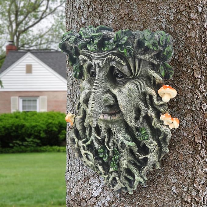 Tree Face Garden Statues Outdoor Decorations, Whimsical Old Man Face for Tree Huggers Sculptures Flower Pot Garden Decorations Yard Art, 9" x 6.5" x 3.5"