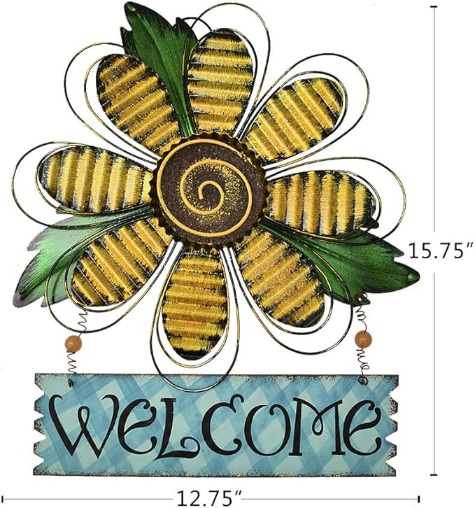 Metal Welcome Sign Daisy Hanging Signs for Front Door - Indoor Outdoor Door Decor Wall Art Flower Decoration Decorative Ornament Wreath for Home Garden Patio (Yellow)