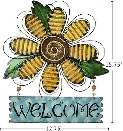 Metal Welcome Sign Daisy Hanging Signs for Front Door - Indoor Outdoor Door Decor Wall Art Flower Decoration Decorative Ornament Wreath for Home Garden Patio (Yellow)