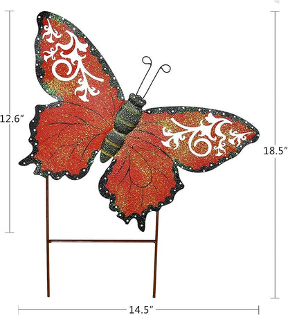 Decorative Butterfly Garden Decor Outdoor Butterfly Garden Stake Decor, Metal Butterfly Yard Stake Garden Insect Decor Patio Lawn Backyard Decor (Red)