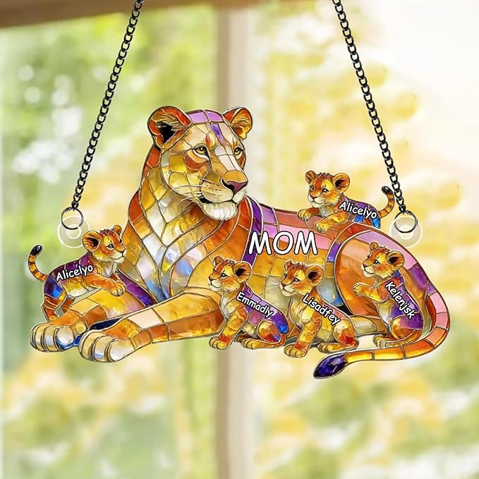 Personalized Lion Mom and Kids Stained Glass Suncatchers, Custom Name Mothers Day Sun Catcher, Lion Mother Acrylic Window Hanging Ornament, Mother's Day Christmas Birthday Gifts (Style 11)