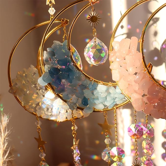 Crystal Suncatcher Hanging Moon Sun Light Catcher with Glass Prisms for Window Natural Kyanite Crystal Decor Home Indoor Making Rainbows
