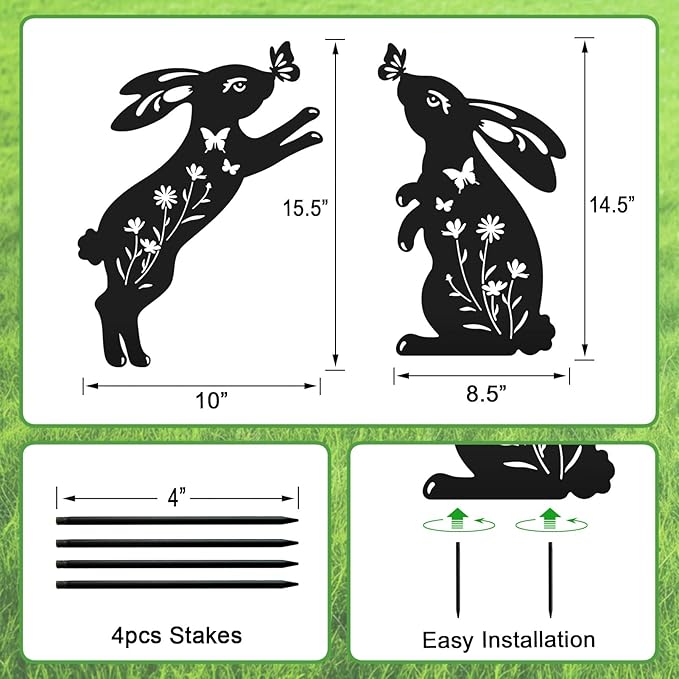 Easter Decorations Outdoor,2 Pack Metal Silhouette Bunny Garden Decor,Rabbit Yard Art Stakes for Yard,Lawn,Patio,Easter Gifts for Women