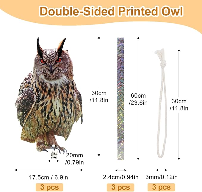 Owl Bird Deterrent, 3-Pack Reflective Hanging Decoration for Garden Patio, Effective Plastic Owl to Scare Birds Away for Windows & Trees