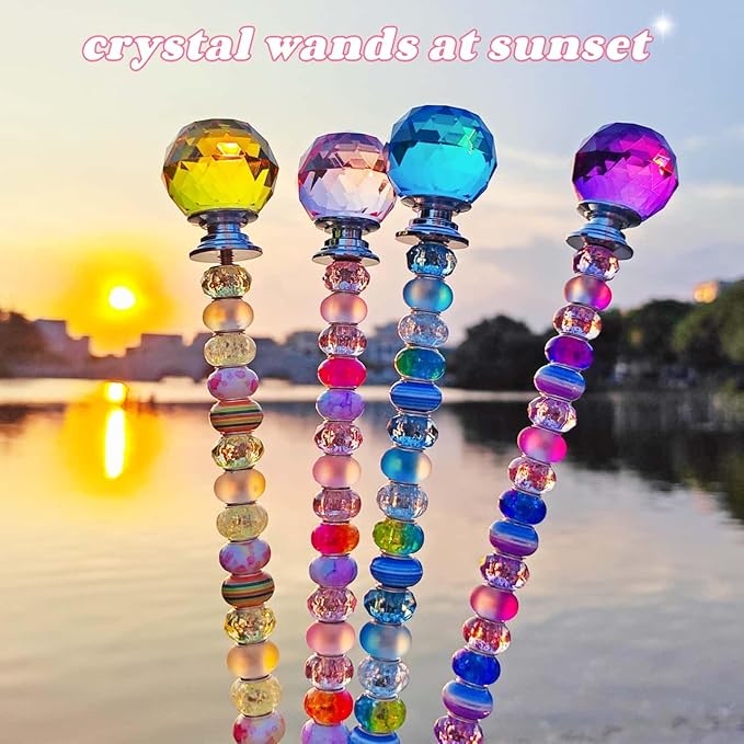 255Pcs Fairy Wand Garden Stake Beads Kits with 225 Large Hole Beads, 12IN Beaded Garden Stakes Kit for Different Holidays, Fairy Garden Accessories Outdoor Kit, Beadable Items (Crystal Ball)