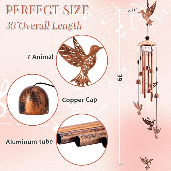 Hummingbird Wind Chimes for Outside - Metal Windchimes Outdoors, Hummingbird Gifts for Women/Men, Memorial/Birthday/Housewarming/Festival Gifts, Chimes for Garden Decor Patio Yard Outdoors