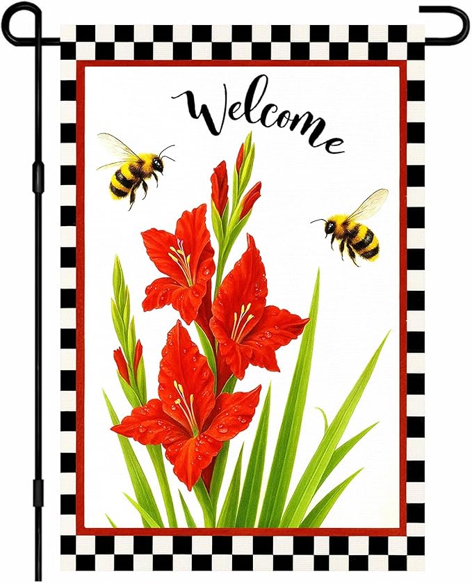 IVN Welcome Garden Flag 12x18 Inch Double Sided Spring Summer Garden Yard Flags Red Gladiolus Flowers Bees Decorative Small Flags for Outdoor Seasonal Front Door Lawn Porch Patio Decor Yard Flag