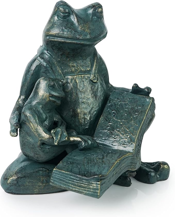 DreamsEden Metal Frog Garden Statue, Funny Mother and Kid Frogs Reading Sculpture for Outdoor Decor Yard Lawn Decorations, 10''H