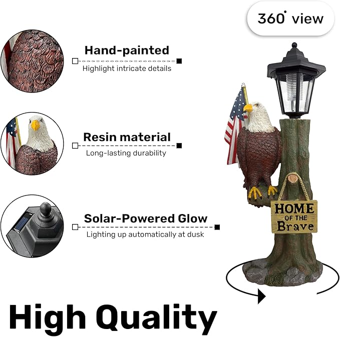 14x6 Inch Eagle Outdoor Solar Statue, Resin Garden Decor Outdoor Waterproof, Eagle Statue with American Flag for Patios, Yards, Home of The Brave Yard Lawn Gift for Mom Dad Grandpa