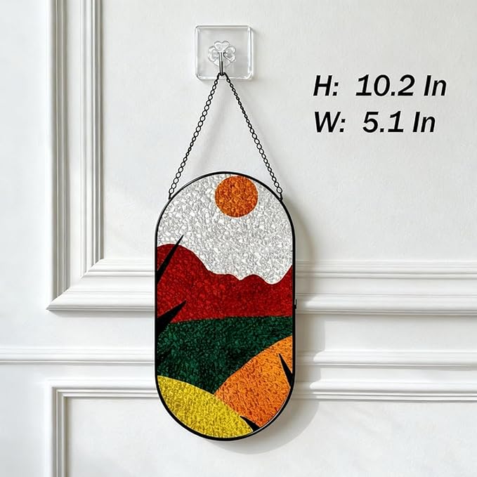 Stained Glass Window Hanging, Sunset Red Orange Yellow Color Block Sun Catchers Indoor Window, Artistic Home Indoor Entryway Wall Decor Gifts for Women Wife Men Kids Birthday