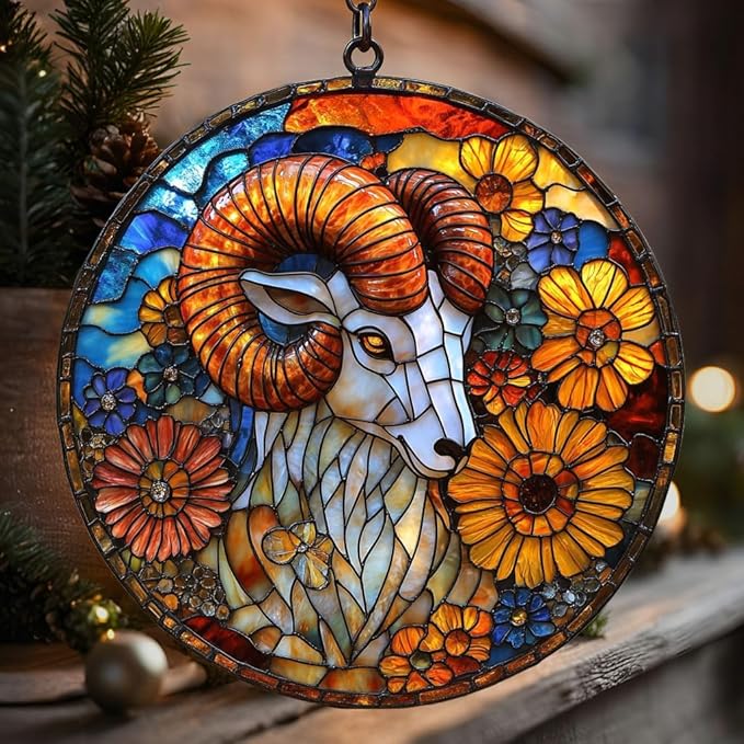 Vivid Ram Mosaic Floral Art Acrylic Suncatcher Stained Glass Effect Window Car Hanging Christmas Ornament Indoor Outdoor Decor Garden Sun Catcher Panel for Zodiac Lover for Women Mom Grandma