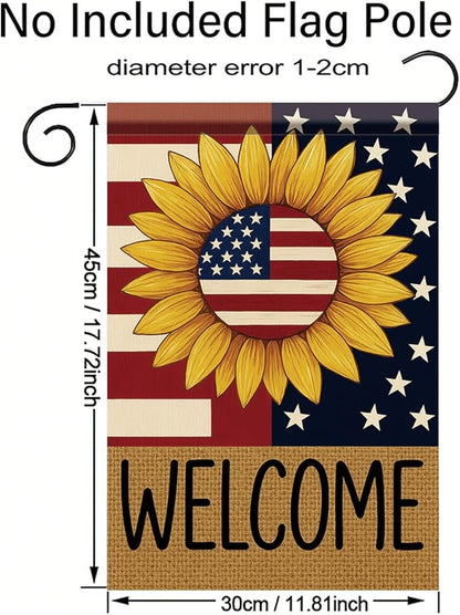 Spring Summer Garden Flag 12x18 Inch Patriotic Sunflower Welcome American Outdoor Stars Stripes Rustic Burlap Style Outdoor Yard Porch Lawn for Seasonal Americana Home Decor