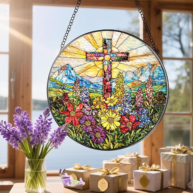 Stained Glass Suncatcher Window Hanging, 7.8 Inch Handmade Sunflower Garden suncatchers, Suncatcher Home Decor,Gift for Women, Mom, Grandma (Cross)