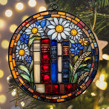 Floral Stack of Bookks Acrylic Suncatcher Stained Glass Effect Window Car Hanging Christmas Ornament Indoor Outdoor Decor Garden Sun Catcher Panel for Book Lover for Women Mom Grandma
