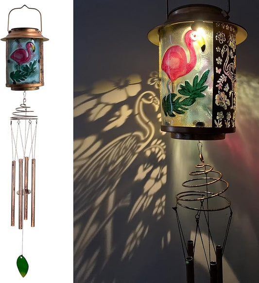 Solar Wind Chimes for Outdoor, Flamingo Garden Decorations Memorial Wind Chimes Deep Tone, Sympathy Windchimes for Outside Garden Décor, Gifts for Mom, Grandma-Flamingo