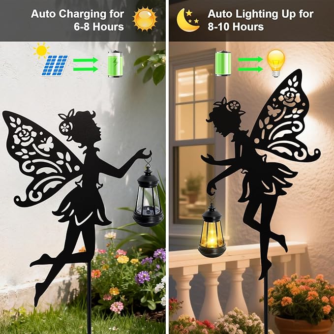 Solar Fairy Garden Statues Outdoor Decor, 2 Pack Metal Fairy Figurine Light Stake,Housewarming Ornament for Patio, Lawn, Yard, Pathway - Unique Gift Ideas for Gardening Mom Grandma Birthday