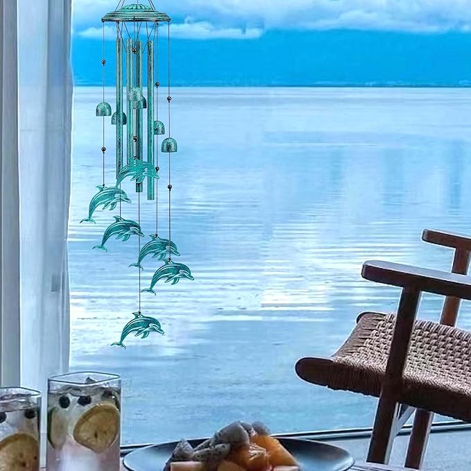 Dolphin Wind Chimes for Outside, Dolphin Gifts for Women Men Mom Grandma Birthday, 37" Windchimes Hanging Outdoors Garden Decor, Home Patio Garden Porch Yard Decorations (Blue-Dolphin)