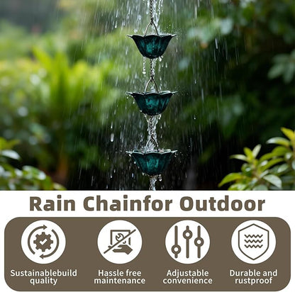 9 FT Rain Chain for Gutters, 12 Lotus Cup Design ， Adjustable Rain Chains for Outside Chains to Replace Downspout，Elegant Water Feature for Garden, Patio. (Lotus Antique Blue)
