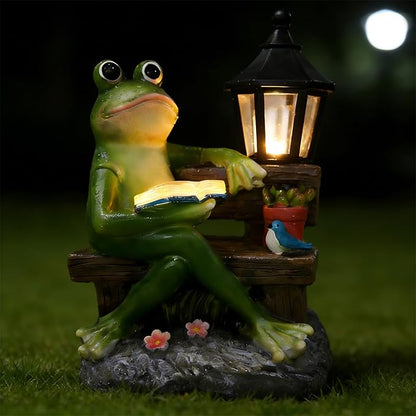 Reading Frog Solar Garden Statue with Lantern Light - Outdoor Decorative Resin Sculpture, Weather-Resistant LED Solar Figurine, for Yard, Patio, Garden Path, Porch Ambience Lighting Decor