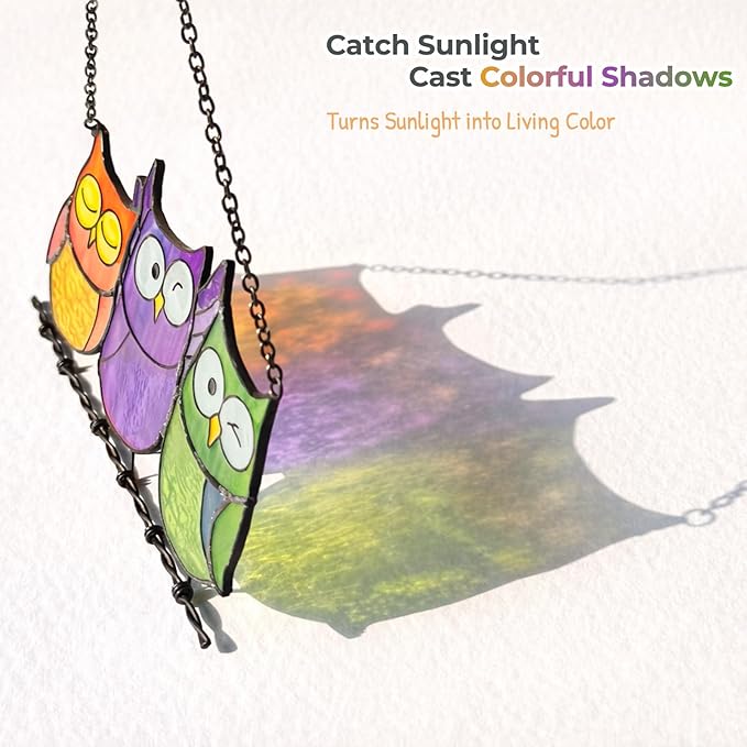 Owls Stained Glass Suncatcher, Handmade Colorful Window Hanging Sun Catcher Ornament for Home & Garden, Gift for Bird Lovers Mothers & Women