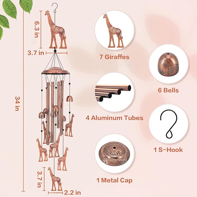 Giraffe Wind Chimes Outdoor Giraffe Gifts for Women Mom Men Dad Unique Birthday Gifts Metal WindChimes for Outside/Indoors, Patio, Lawn, Yard, Home Decor, Outdoor Decor, Garden Decorations